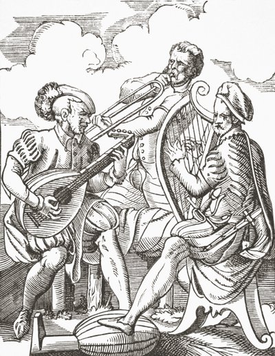 Niemieccy muzycy grający na lutni i gitarze, 1878 r. autorstwa English School
